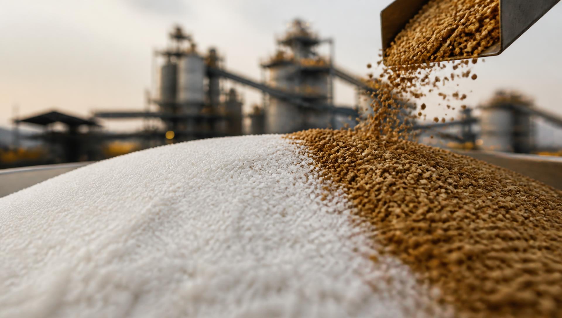 Urea prills and DAP granules pouring from a chute at a fertiliser plant
