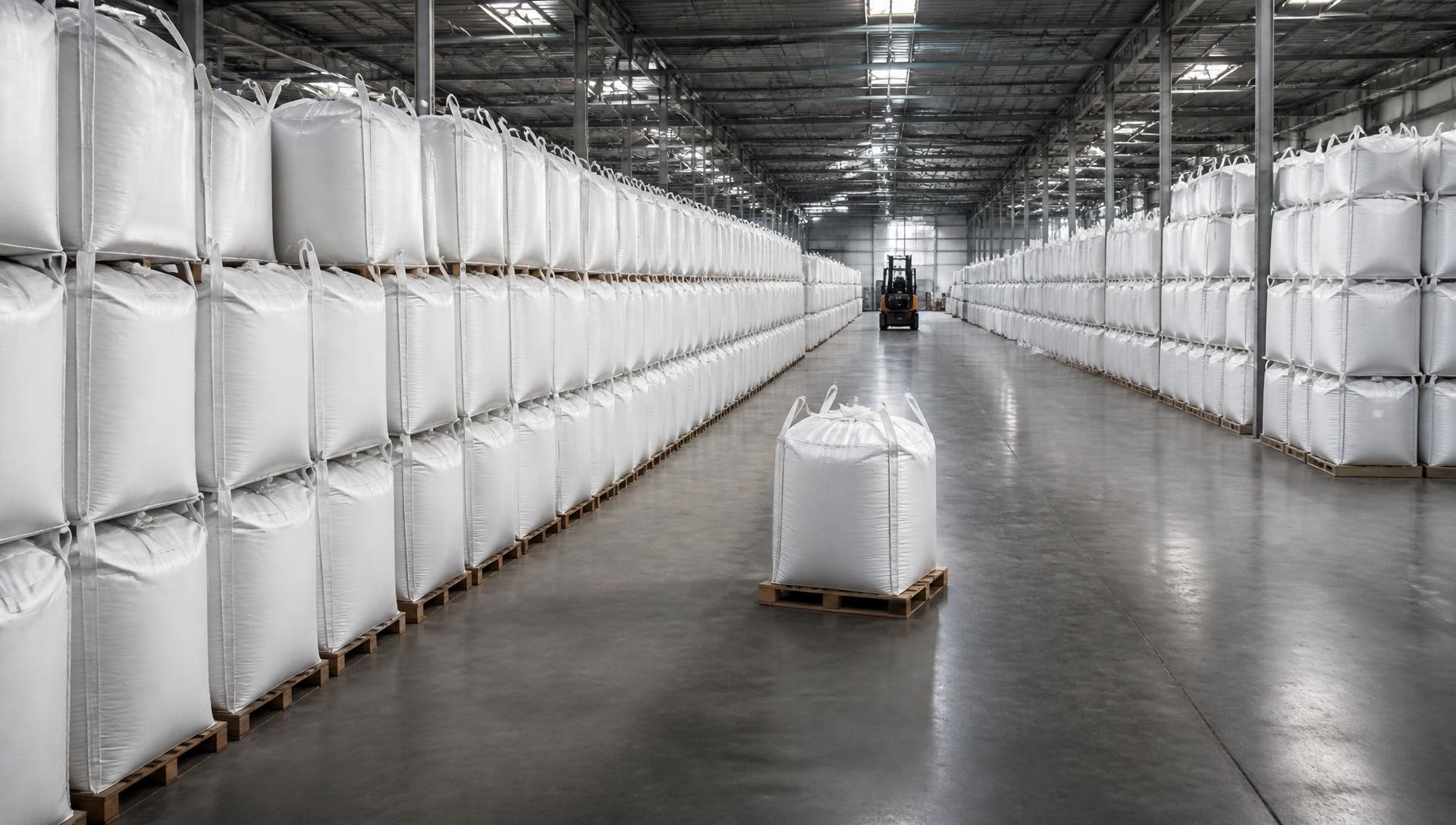 One-tonne fertiliser bags stacked at a bulk warehouse