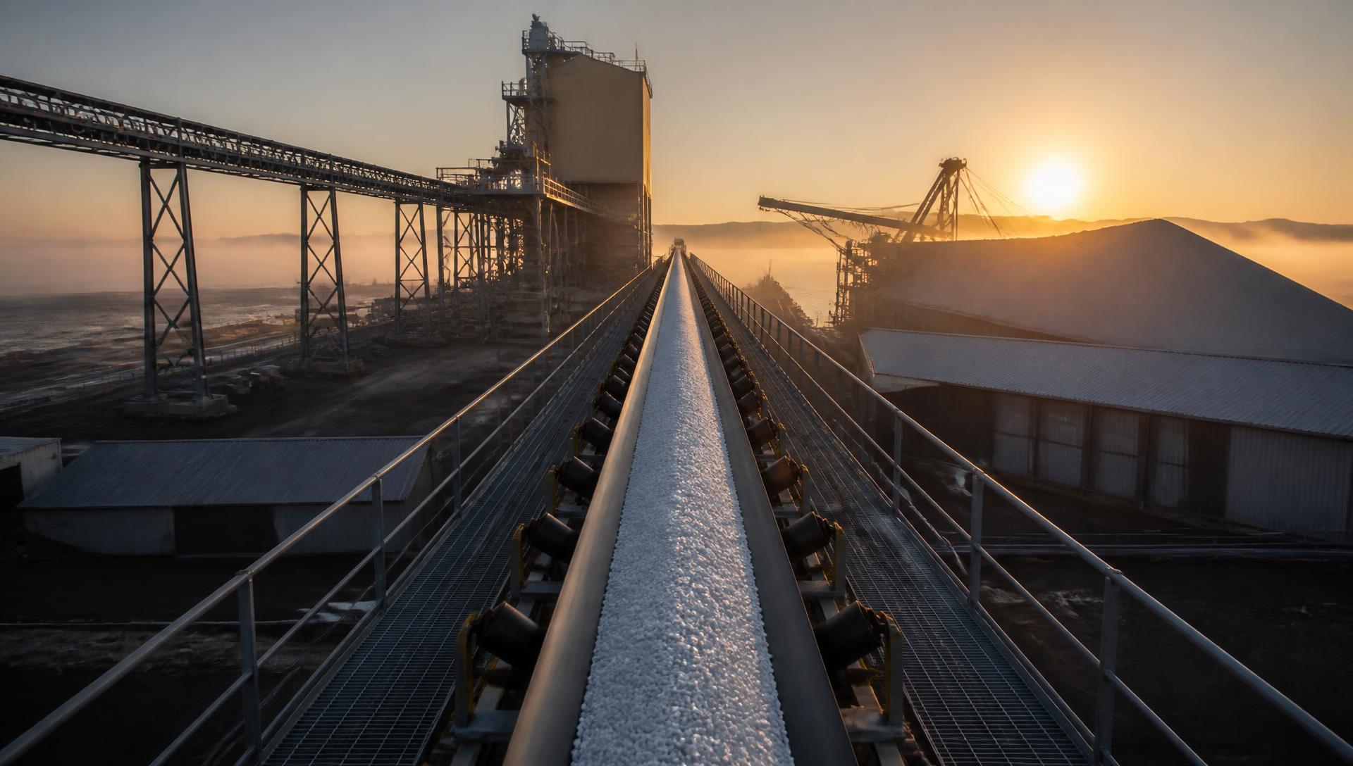 Conveyor gallery carrying bulk fertiliser across an export terminal at sunrise