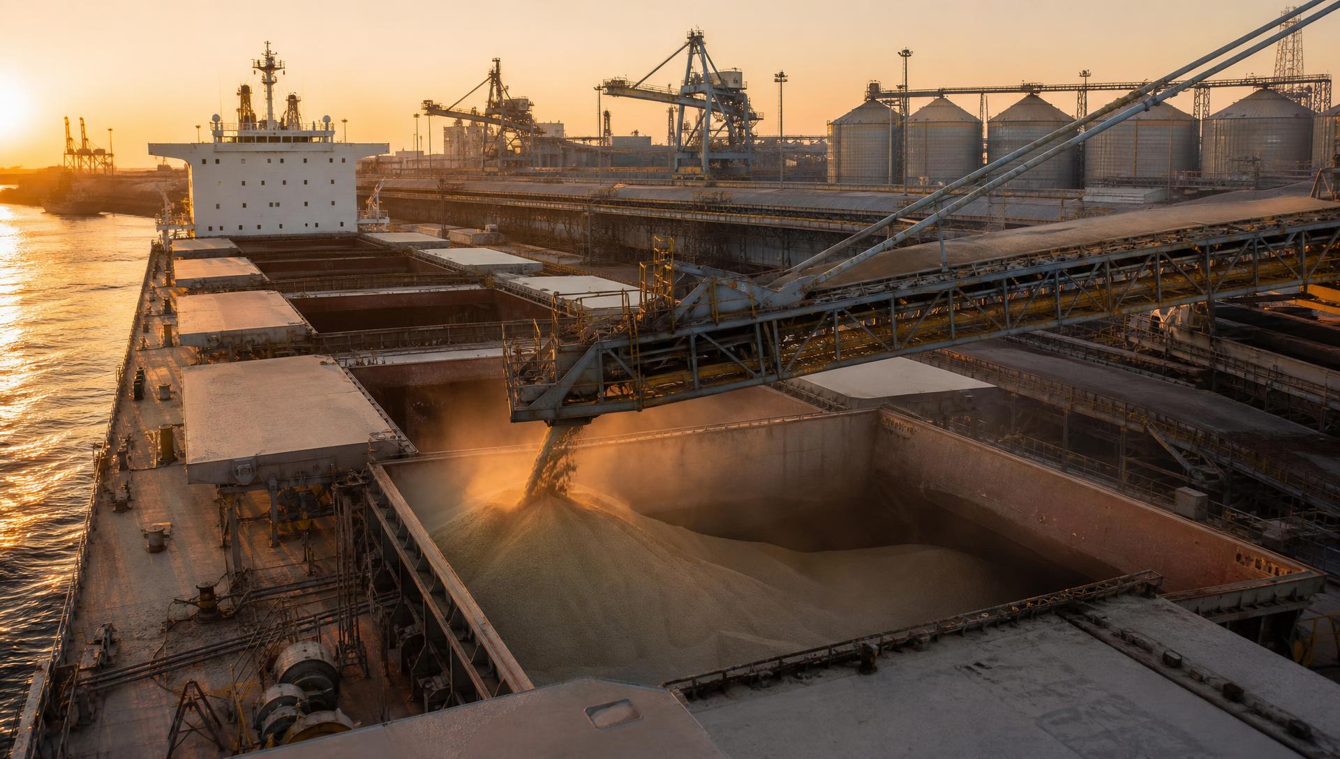 Bulk carrier being loaded with fertiliser at an export terminal at golden hour