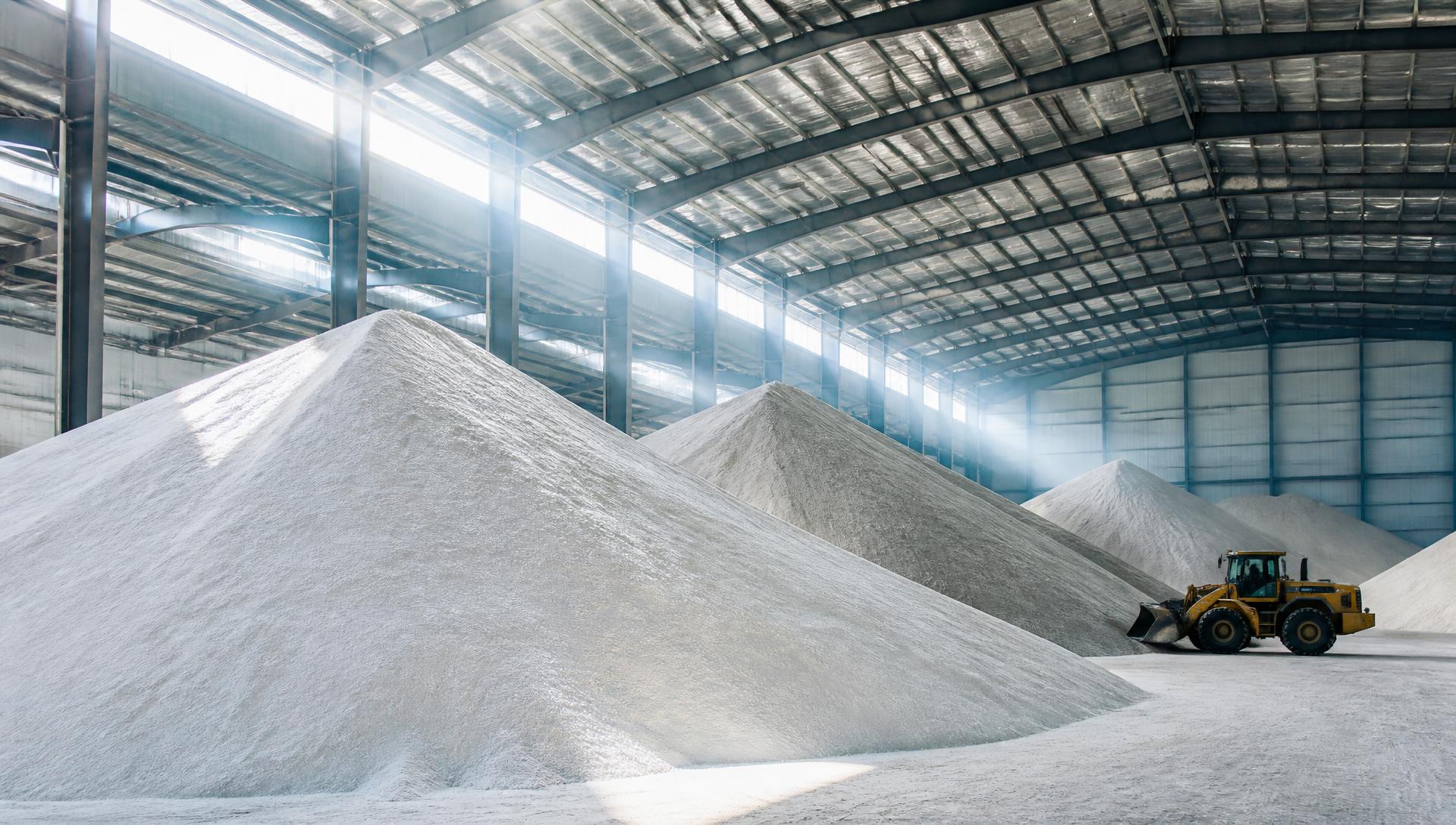 Modern fertiliser warehouse with vast bulk product piles